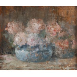 Olga Boznańska (1865 Kraków - 1940 Paris), Roses in a blue vase, 1918