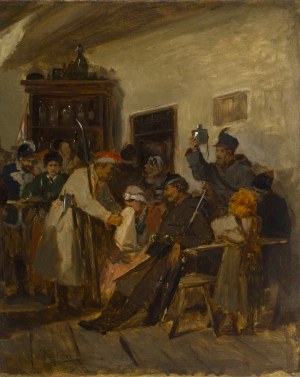 Antoni Kozakiewicz (1841 Kraków - 1929 Kraków), Scena w wiejskiej izbie (Opłakiwanie powstańca)
