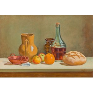 Jakub Markiel (1911 Lodž - 2008 Lodž), Zátiší s lahví vína (Nature morte), 1975