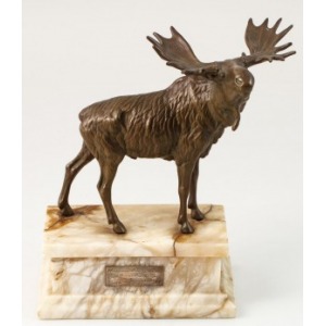 ŁOŚ, przed 1938, Stop metali miedziowany, alabaster (cok&oacute;ł), wys. całk. 28 cm, cok&oacute;ł 7 x 19,5 x 12 cm
