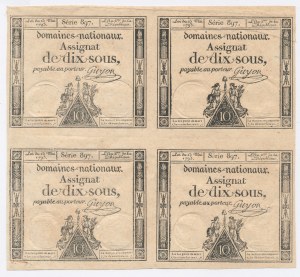 France, uncut sheet of four endorsements for 10 sols 1793 (101)