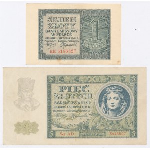 GG, 1 złoty 1941 BB i 5 złotych 1941 AD. Razem 2 szt. (617)