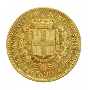 Włochy, Sardynia, 20 lirów 1852 F, Turyn (823)