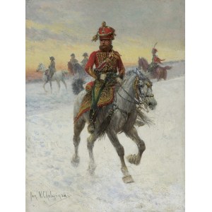 Jan Chelminski, HORSE HUZAR IN THE WINTER LANDSCAPE
