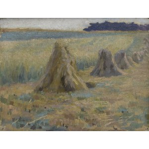 Painter unspecified, 20th century, Landscape with sheaves