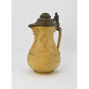 Wine jug with pewter lid, with relief decoration and feasting sentiment