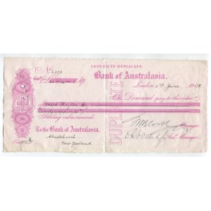 New Zealand Bank of Australasia Christchurch Bill of Exchange for 26-14-1 Pounds 1908
