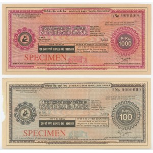 India Syndicate Bank Pair of Travellers Cheque for 100 & 1000 Rupees Specimen