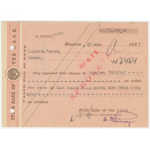 Russia - USSR State Bank of the USSR Check for 113403,48 Litas 1937