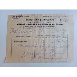ŚWIADECTWO PRZEWOZOWE WÓDKA LIKIER, JERZY JENKER, KAMIENICA, BIELSKO, CIESZYN PRZEDWOJENNE 1926 R