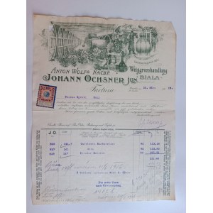 RACHUNEK BIAŁA JOHANN OCHSNER ANTON WOLFS NACHF WINO PRZEDWOJENNY 1915 R, ZNACZEK