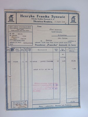 BILL ŁODYGOWICE ŻYWIEC SKAWINA KRAKÓW HENRYK FRANCK SONS COFFEE PRE-WAR 1927