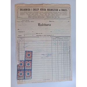 RACHUNEK BIAŁA SKŁADNICA I SKLEP KÓŁKA ROLNICZEGO PRZEDWOJENNY 1910 R, ZNACZEK