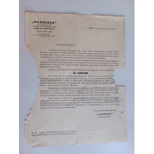 PISMO LWÓW NADZIEJA KANTOR SPRZEDAŻY LOTERIA PAŃSTWOWA PRZEDWOJENNE 1930 R