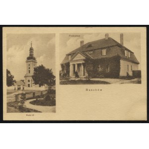 BASZKÓW. Baszków : Kościół, Probostwo ; 1925. Pocztówka jednobarwna 9x14 cm. Baszków w pow. krotoszyńskim...