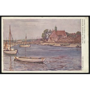 HEL. Polskie wybrzeże morskie : Hel - port i kościół ewang. / T. Rupniewski pinx. ; ok. 1930. Polskie Tow...