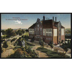 INOWROCŁAW. Hohensalza : St. Adalbert-Denkmal und III. Stadtschule ; przed 1920. Pocztówka barwna 9x14 cm...