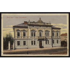 NOWY SĄCZ. Nowy Sącz : Kasa Oszczędności ; ok. 1910. Nakł. B. Lustiga. Pocztówka barwna 9x14 cm...