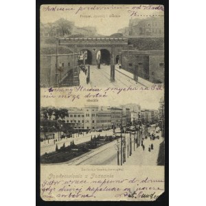 POZNAŃ. Poznań, dawniej i obecnie : Berlińska brama (zewnątrz) ; 1904. Pocztówka jednobarwna 14x9 cm...