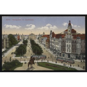 SZCZECIN. Stettin : Königplatz mit Stadttheater ; ok. 1910. Pocztówka barwna 9x14 cm, verso czyste