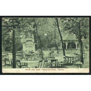 TORUŃ. Gruss aus dem Viktoria-Park, Thorn ; ok. 1910. Pocztówka dwubarwna 9x14 cm. Korespondencja 24.6...