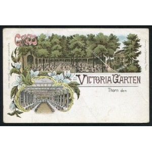 TORUŃ. Gruss aus Victoria Garten ; ok. 1900. Verlag v. J. Steinkamp, Thorn. Pocztówka barwna 9x14 cm...