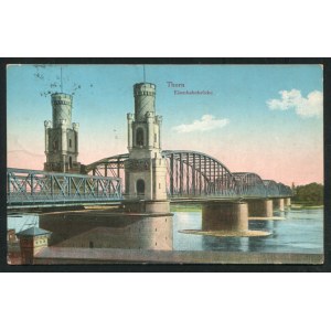 TORUŃ. Thorn : Eisenbahnbrücke ; ok. 1910. Pocztówka barwna 9x14 cm. Data stempla pocztowego 21.6.[19]17...