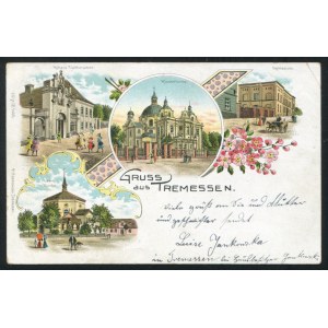 TRZEMESZNO. Gruss aus Tremessen ; ok. 1904. M. Czechowski, Tremessen. Pocztówka barwna 9x14 cm (litografia)...