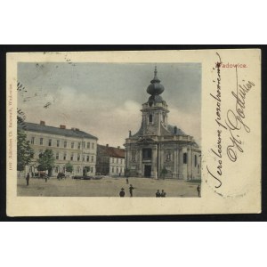WADOWICE. Wadowice ; przed 1906. Nakł. Ch. Balamuth, Wadowice. Pocztówka barwna 9x14 cm. Ślad małego...