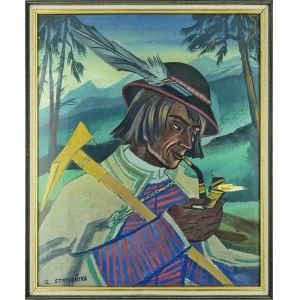 Gouache. Tempera. Zofia Stryjeńska (1894-1976), Highlander mit einer Pfeife, nach 1945.