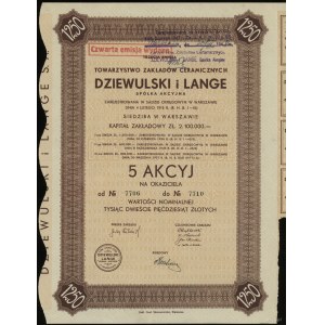 Polska, 5 akcji po 250 złotych = 1.250 złotych, 1937, Warszawa