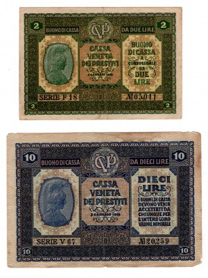 Italy, (10 lire, 2 lire) 1918 - set of 2 pieces