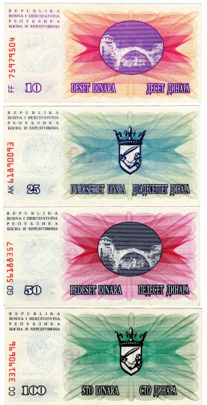 Bosna a Hercegovina, (100, 50, 25, 10) dinárů 1992 - sada 4 kusů