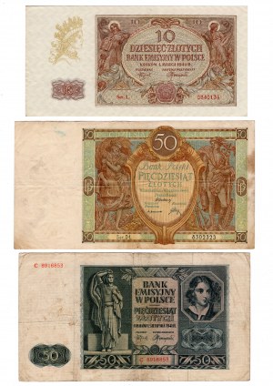 Polska, (50 złotych 1941, 50 złotych 1929, 10 złotych 1940) - zestaw 3 sztuk