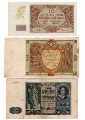 Polen, (50 Zloty 1941, 50 Zloty 1929, 10 Zloty 1940) - Satz zu 3 Stück