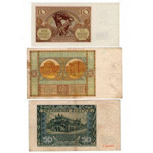 Polska, (50 złotych 1941, 50 złotych 1929, 10 złotych 1940) - zestaw 3 sztuk