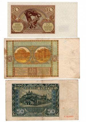 Pologne, (50 zloty 1941, 50 zloty 1929, 10 zloty 1940) - ensemble de 3 pièces