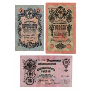 Russie, (25, 10, 5) roubles 1909 - ensemble de 3 pièces