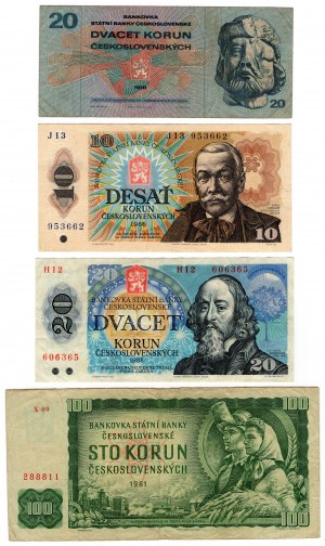 Tchécoslovaquie, 100 (1961), 20 (1988) , 20 (1970), 10 (1986) korun - ensemble de 4 pièces