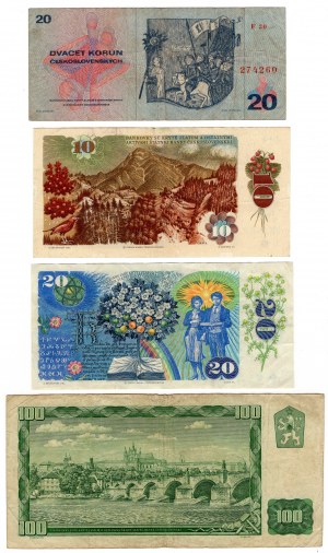 Czechoslovakia, 100 (1961), 20 (1988) , 20 (1970), 10 (1986) korun -set of 4 pieces