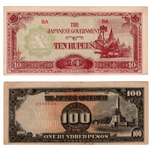 Japonia, Okupacja Birmy i Filipin, 100 pesos 1944, 10 rupees 1942-1944 - zestaw 2 sztuk