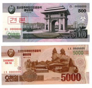 Severní Korea, Lidově demokratická republika, 500 wonů 2008 a 5000 wonů 2013, SPECIMEN, sada 2 kusů