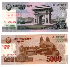 Korea Północna, Demokratyczna Republika Ludowa, 500 wonów 2008 i 5000 wonów 2013, SPECIMEN, zestaw 2 sztuk