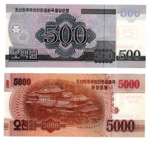 Severná Kórea, Kórejská ľudovodemokratická republika, 500 wonov 2008 a 5000 wonov 2013, SPECIMEN, sada 2 kusov