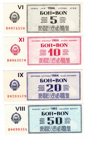Jugoslawien, Benzingutscheine 5,10,20,50 Liter 1983/84