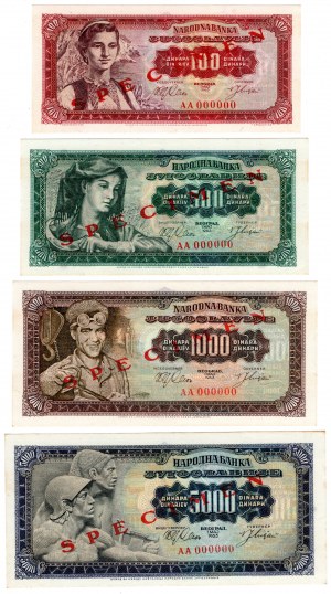 Juhoslávia, (5000, 1000, 500, 100) dinárov 1963 SPECIMEN - sada 4 kusov