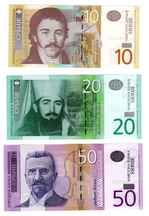 Serbia, (50, 20, 10) dinari 2013-2014, set di 3 pezzi