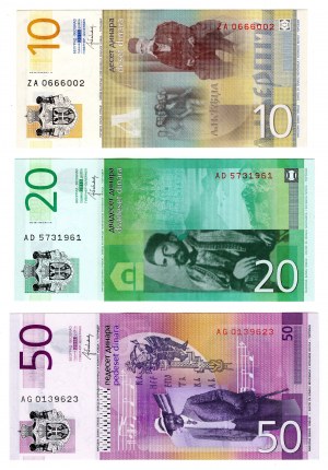 Serbie, (50, 20, 10) dinars 2013-2014, set de 3 pièces