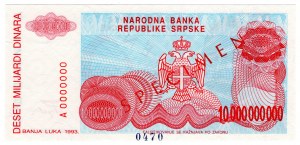 Bosnie-Herzégovine, 10 milliards de dinars 1993 SPÉCIMÈNE