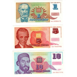 Jugosławia, (10, 5, 1) novih dinara 1994 - zestaw 3 sztuk